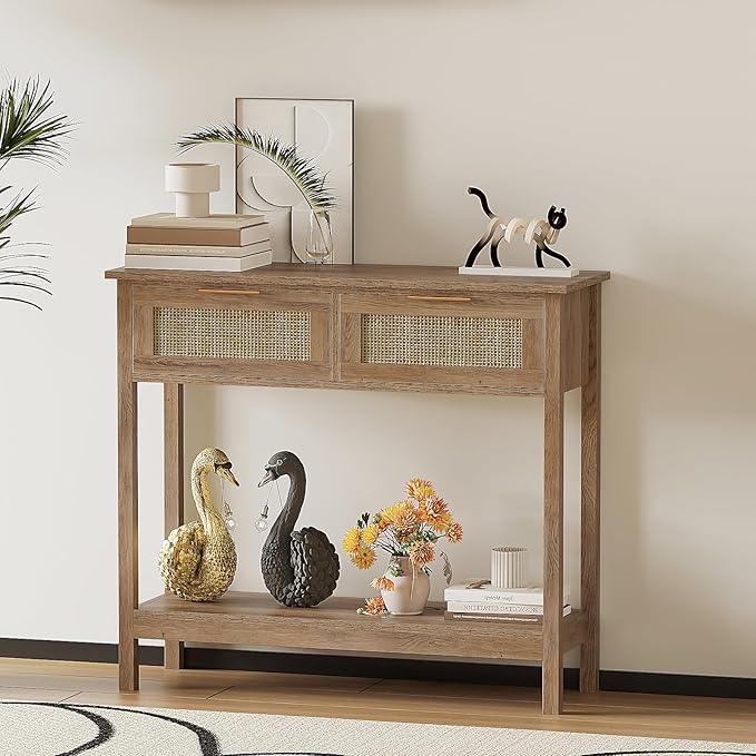 Farmhouse Rattan Console Table with 2 Drawers 2 Tier Boho Narrow Long Sofa Table Natural with Open Storage Shelf Wood Entryway Table for Living Room Hallway Foyer