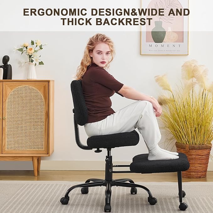 Criss Cross Legged Meditaion Chair,Exquisite Home Office Furniture,Ergonomic Kneeling with Lumbar Support and Adjustable Height Stool,for ADHD Adults,Teddy Fabric (Black)