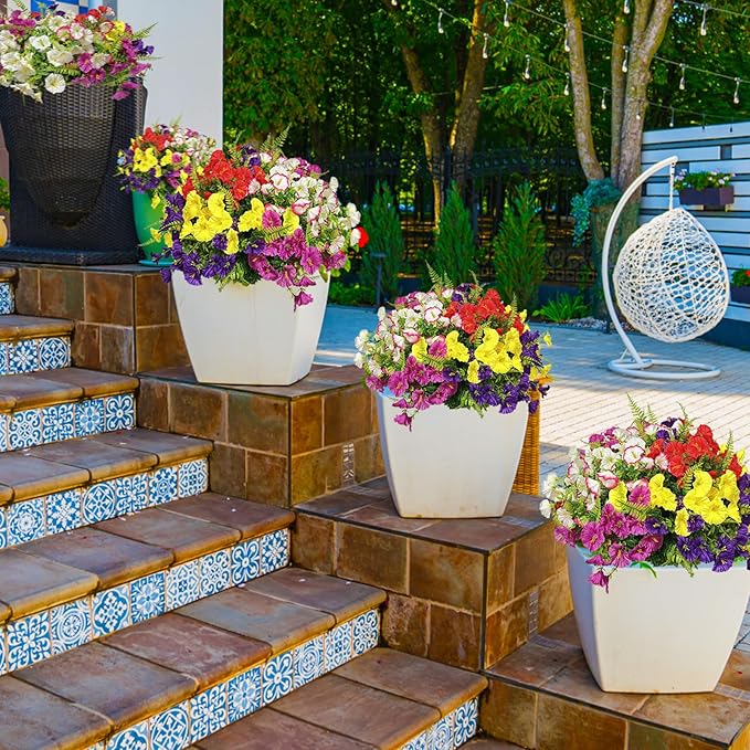 14 Bundles Artificial Silk Flowers for Indoor Outside Decoration Faux Mixed Colorful Morning Glory with Eucalyptus UV Resistant Realistic Fake Flowers for Home Planter Porch Yard Patio