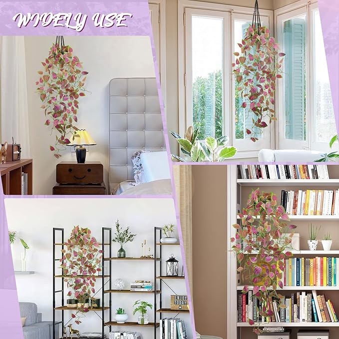 LOYWREE 3 Pack Artificial Purple Ivy Hanging Vine Plants - Small Potted Long Trailing Cascading Foliage, Gothic Home Decor for Indoor/Outdoor, Office, Garden & Shelf (Black Pot Included)