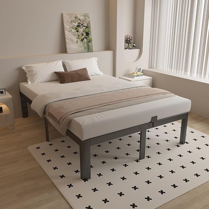 King Size Bed Frame 16 Inch Black, Metal King Bed Frame with Baffles, No Box Spring Needed, Heavy Duty Steel Platform Support, Round Corner Design, Reserved Holes, Noiseless, Easy Assembly