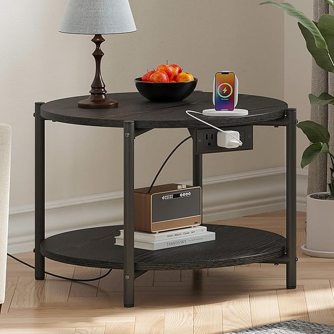 LIKIMIO Round Side Table Set of 2, 23.6" W End Table with Charging Station, Modern Wooden Nightstand for Small Spaces, Living Room, Bedroom, Black