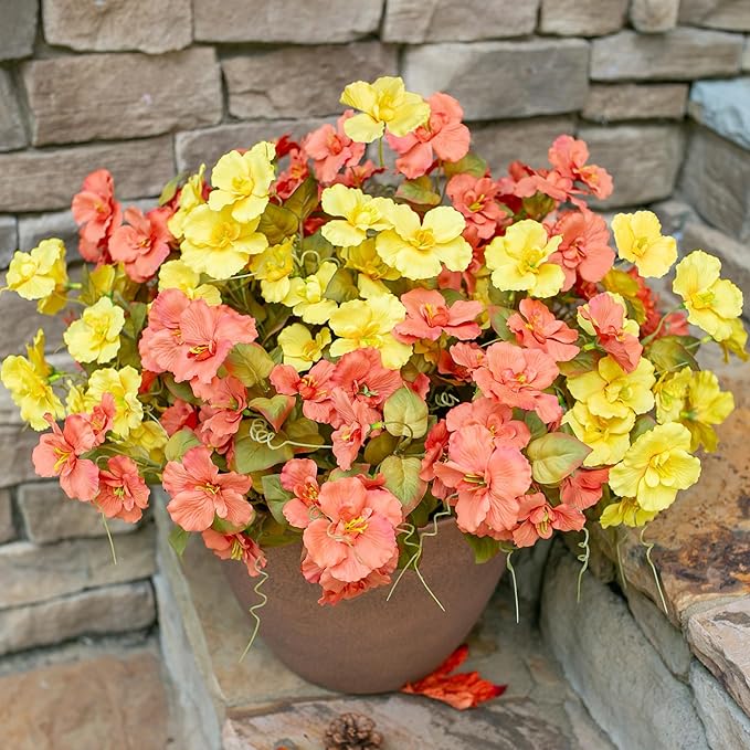 INSPRING Fake Fall Flowers Artificial Mums for Outdoors Autumn Decoration, Faux Silk Flowers Plants Realistic UV Resistant Tropical Flower Artificial for Outside Planter Patio (F2MixHC, 6 Bundles)