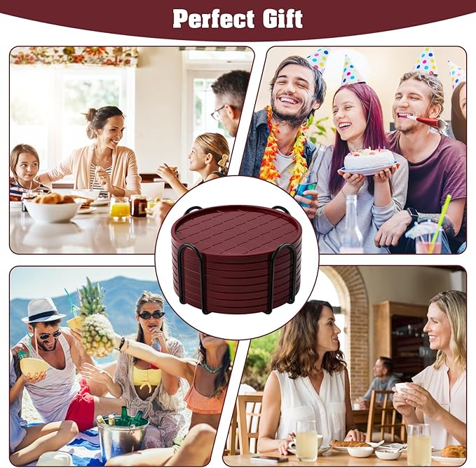 Coasters Set of 8,Hot or Cold Drink Coasters with Holder,Modern Style Coffee Table Coaster,Suitable for Kinds Cups Beer,Drink,Anti-Overflow Tabletop Protection(Wine red, 8pcs)
