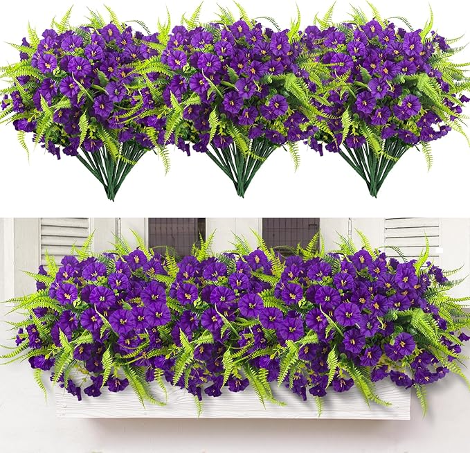 Artificial Flowers Outdoors 12 Bundles Artificial Petunias Fake Flowers UV Resistant Shrubs Plants with Fern for Indoor Outside Hanging Planters Home Garden Summer Decorations (Purple)