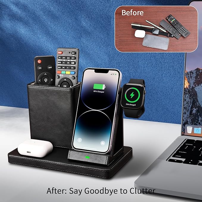 KINGFOM Leather Desk Organizer with Charging Station Multi-Functional Phone Pen Pencil Holder for Desk Desk Organizers and Accessories for Office Home Supplies (S)