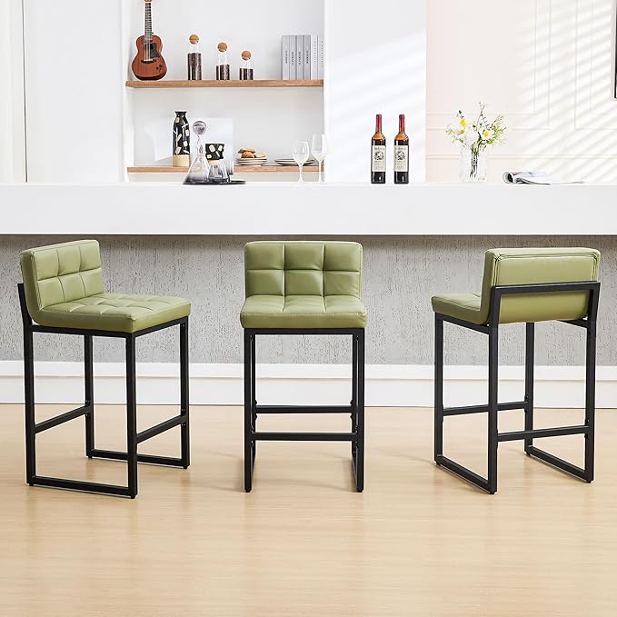 Bar Stools Set of 3, Upholstered PU Leather Counter Height Barstools with Low Back and Thickened Metal Legs, Modern Counter Stools for Kitchen Island (Avocado Green, 3Pcs 26" Bar Stools)