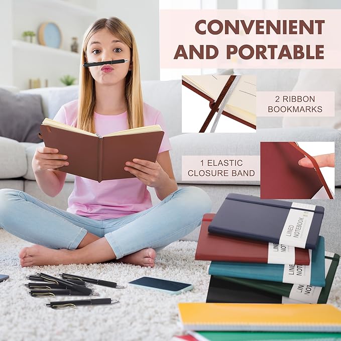 Aodaer 30 Set Lined Notebook Journals with Pens A5 Notebooks 100 GSM College Ruled Hardcover Notebook PU Leather Notepad with Pen Holder for Office School, 5.7 x 8.3 Inches, Deep Multicolor