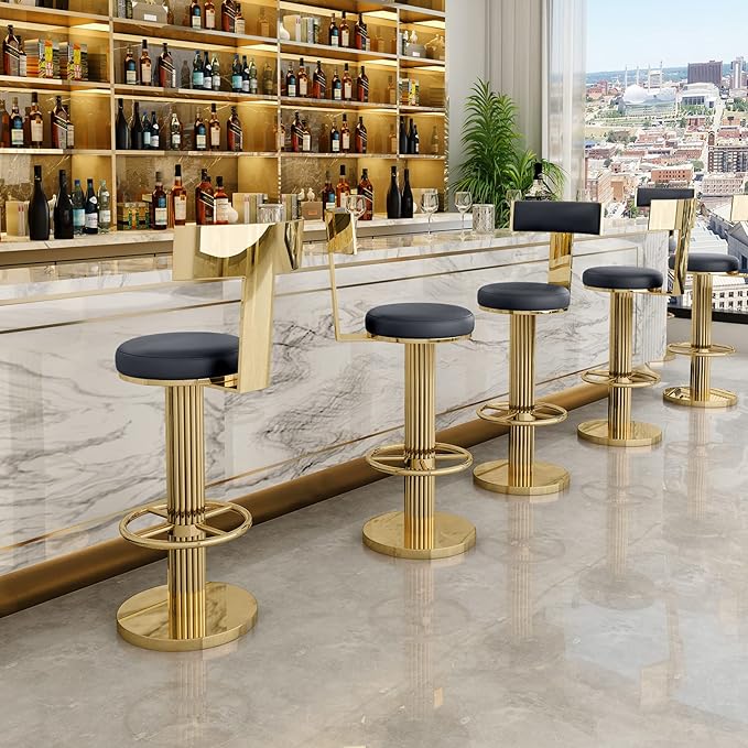 FUNROLUX Swivel Bar Stools with Backrest, Modern Adjustable Height Counter Stool with Metal Legs and Comfortable Cushion, Black and Gold Bar Chair for Kitchen Island Counter (Black)