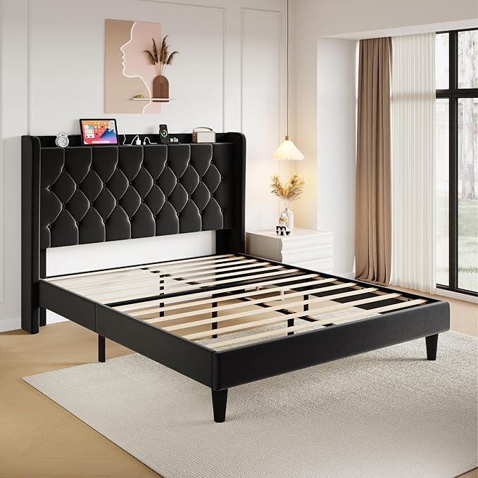 SHA CERLIN Full Size Platform Bed Frame with Charging Station, Velvet Wingback Headboard with Storage Shelf, Wooden Slats Support, Ample Under-Bed Space, No Box Spring Needed, Easy Assembly, Black