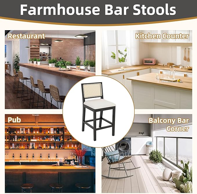 Westice Rattan Bar Stools Set of 4, 26" Farmhouse Counter Height Stools with Natural Rattan Back and Wood Frame, Upholstered Line Fabric Seat Cushion, Wooden Chairs for Kitchen Island/Pub, Black