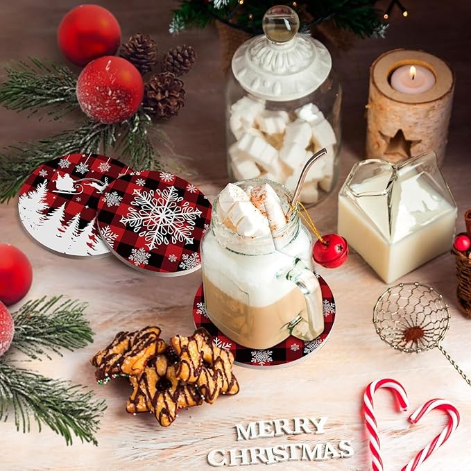 Christmas Absorbent Coasters with Holder Set of 6, Ceramic Stone with Cork Base, Red Buffalo Plaid Design Coaster for Drinks, Gift for Housewarming Room Bar Home Decor Kitchen