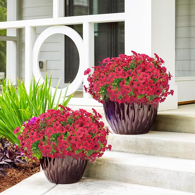 24 Bundles Artificial Flowers for Outdoors & Indoors – UV Resistant Faux Plastic Plants for Garden, Patio, Porch, Window Box, Home Decor – Lush & Vibrant Fake Flowers, Red