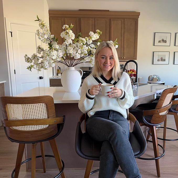 Mid Century Modern Counter Stools - 26.4 inch Swivel Rattan bar stools with Cane Back, Upholstered Faux Leather, Walnut Craftsmanship (Walnut Brown, Set of 1)