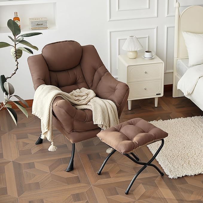 Welnow Lazy Chair with Ottoman, Modern Lounge Accent Armchair with Armrests and a Side Pocket, Leisure Sofa Armchair Set, Reading Chair with Footrest for Small Space, Dark Brown