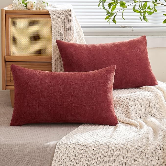 MIULEE Wine Red Couch Pillow Covers 12x20 Inch, Set of 2 Soft Chenille Decorative Lumbar Throw Pillow Covers Christmas Farmhouse for Sofa Living Room Bed