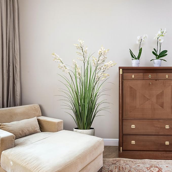 Artificial Tall Grass Plants with Pots 47“ 1 Pack Lily of The Valley Artificial Grass Home Interior Decorating and Outdoor Garden Decorations(White)