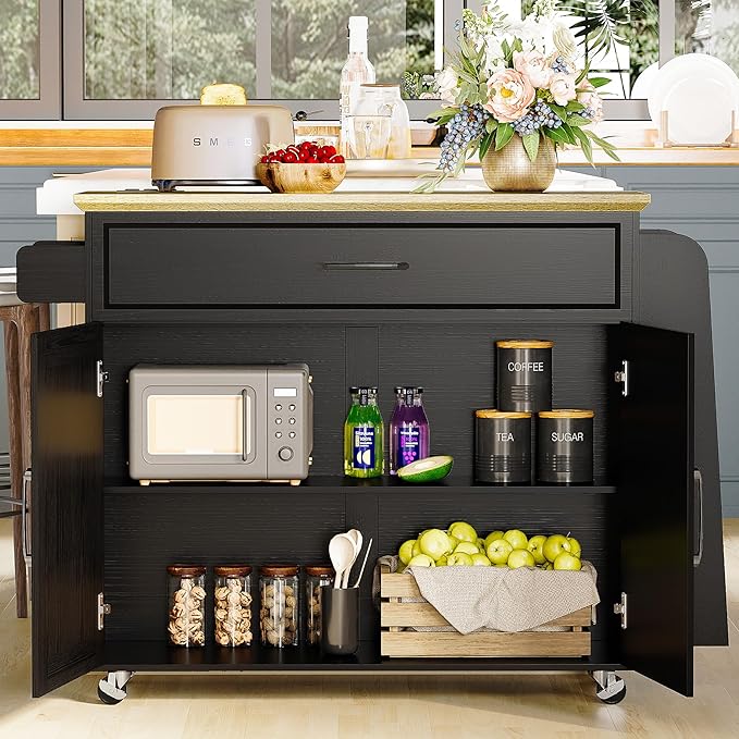 IRONCK Kitchen Island Cart with Storage, Rolling Kitchen Table with Power Outlet, Storage Cabinets on Wheels with Drop Leaf, Portable for Dining Room, Black