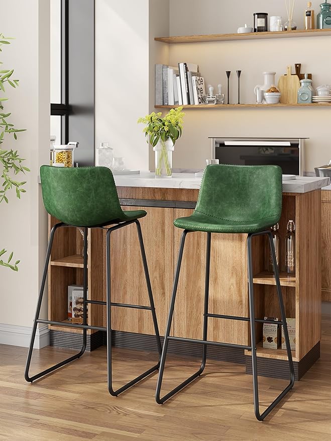 Bar Stools Set of 6, 30 Inches Counter Height Bar Stools with Back, Modern Faux Leather Barstools with Metal Legs and Footrest, Bar Chairs for Kitchens Island (Green)