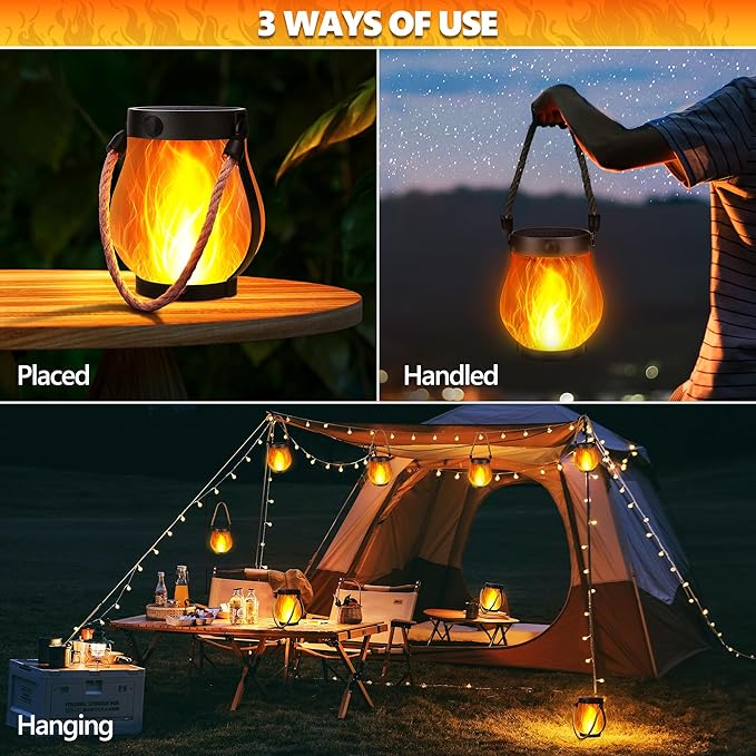 Solar Flame Lantern Hanging Outdoor Waterproof Purple - 2 Pack Flame Lanterns with Dual Charging Modes of Solar & USB for Garden or Yard Christmas Decorations (Warm White - 2 Pack)