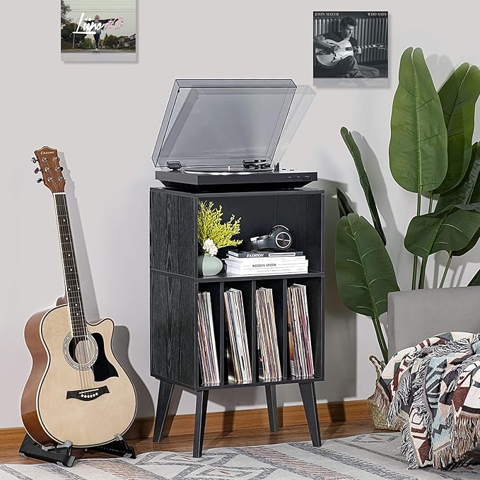 Lerliuo Record Player Stand, Black Turntable Stand Holds up to 160 Albums, Mid-Century Vinyl Storage Cabinet Table with Solid Wood Legs, Record Player Holder Dispaly Shelf for Bedroom Living Room