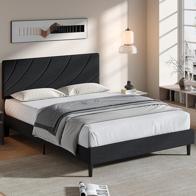 HOMBCK Full Size Bed Frame with Adiustable Headboard, Bed Frame Full with Linen Fabric Upholstered, Strong Wooden Slats, No Box Spring Needed, Noise Free, Easy Assembly, Black