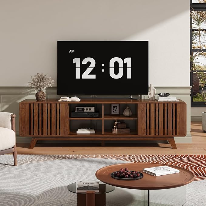 ONBRILL 70-Inch TV Stand for TVs up to 80 Inch, Mid-Century Modern Television Stand with Power Outlet, Entertainment Center with Sliding Grille Door Cabinets and Open Shelves for Living Room, Walnut