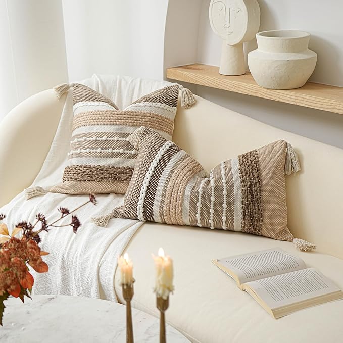 BlissBlush Brown Decorative Throw Pillow Cover 20x20 Square Boho Accent Pillowcase Tassels Farmhouse Cushion for Couch Sofa Bedroom Livingroom Home Décor Cover ONLY (Pack of 1)