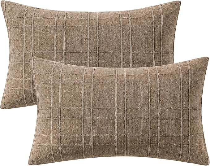MIULEE Decorative Linen Check Lumar Throw Pillow Covers Neutral Farmhouse Vintage Pillow Covers 12x20 Set of 2 Boho Modern Winter Home Decor for Sofa Couch Bedroom Cushion Light Brown