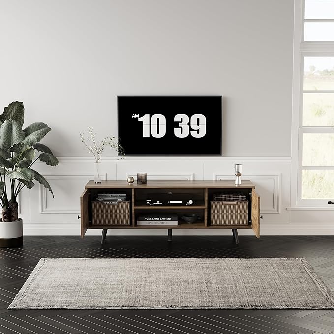 Modern TV Stand with Storage Cabinet, Wood Fashionable TV Cabinet with Waveform Panel and Adjustable Shelf, Entertainment Center TV Stand for TV, Living Room (Rustic Oak