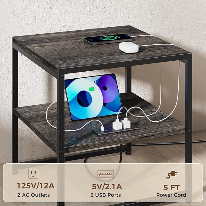 Tatub 20" End Table with Charging Station, Industrial Square Side Table with USB Ports & Outlets, Versatile 2-Tier Small Nightstand for Bedroom Living Room, Grey