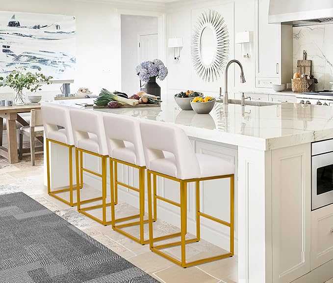White and Gold Counter Height Bar Stools Set of 6 for Kitchen Counter Modern Bar Chairs with Backs for Kitchen Island with Upholstered Faux Leather Seat and Metal Frame, 26 Inch