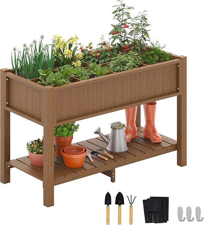 LUE BONA Elevated Planter Box with Legs and Shelf, 47 * 21 * 30in, 8 DIY Pocket HDPS Raised Garden Bed with Tools, 3-Year Warranty, No Crack, Large Outdoor Herb Raised Beds for Gardening Vegetables