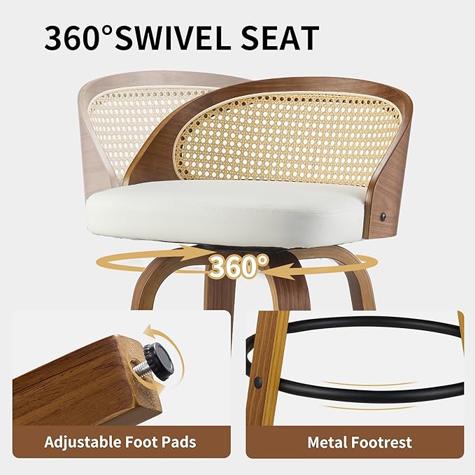 26 inch Swivel Bar Stools with Back, Set of 2 Mid-Century Modern Walnut Barstools, White PU Leather Bar Chairs with Footrest for Kitchen Island, Dining Room, Home Bar