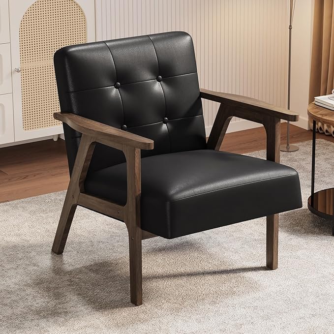 Casaottima PU Leather Accent Chair Mid Century Comfy Cozy Chair with Solid Wood Legs,Modern Arm Reading Chair with Button Tufted Back for Living Room Bedroom (Dark Black)