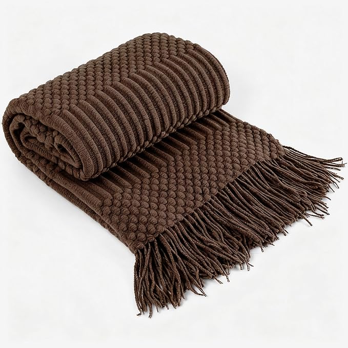Blagic Knitted Throw Blanket for Couch and Bed, Soft & Cozy Knit Blanket with Tassel, Brown Lightweight Decorative Blankets & Throws, Farmhouse Warm Woven Blanket for All Seasons,50" W x 60" L