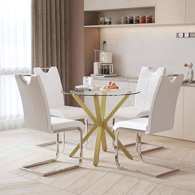 Tempered Glass Dining Table for 2-4, 36 Inch Round Kitchen Table with Gold Metal Legs Modern Dinner Table for Dining Room Kitchen