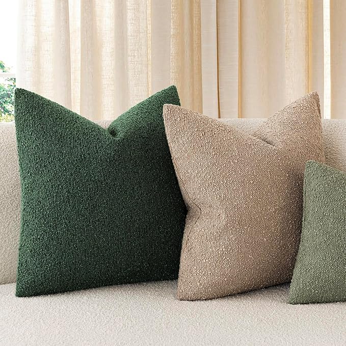 Foindtower Pack of 2, Decorative Textured Boucle Throw Pillow Covers Neutral Accent Solid Pillow Cases Soft Couch Cushion Case for Chair Sofa Bedroom Living Room Home Decor 22x22 Inch Pine Green