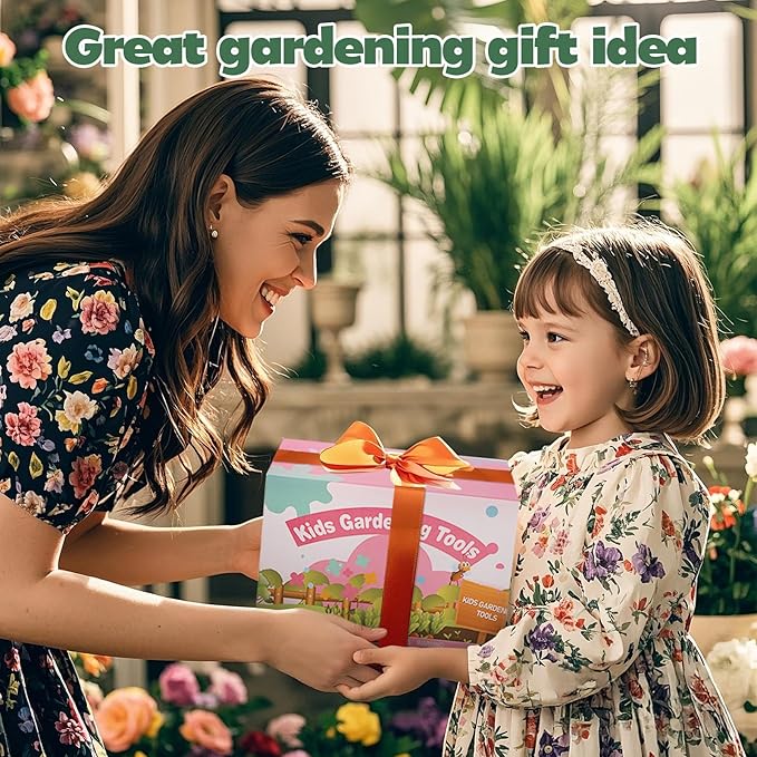 Kids Gardening Tools Set, Garden Toys w/Wooden Handle Alloy Rake,Fork,Trowel, Watering Can,Gloves,Tote Bag,Plant pots, DIY Bookmark Kits, Spring Summer Toy Outdoor Gift for Toddler Boy Girl