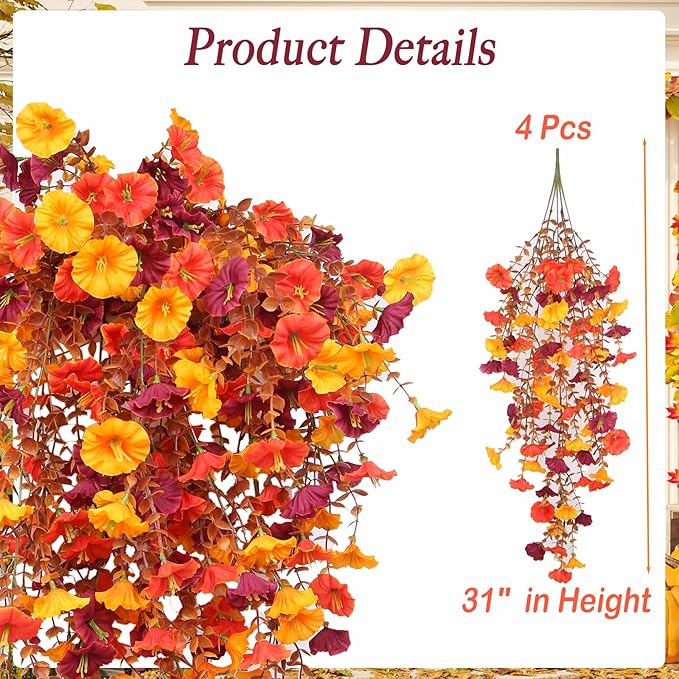 Artificial Hanging Flowers for Outdoors, 4 pcs Faux Mums for Outdoor Planters, UV Resistant Morning Glory Fake Mums for Yard Patio Lawn Garden, Real Touch Silk Flowers Fall Porch Decor