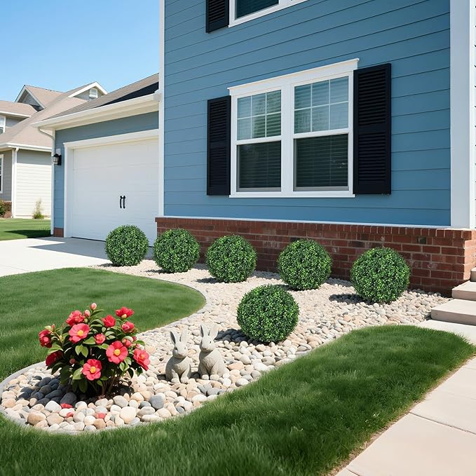 6 Pack Fake Plants with Spike, 25.6'' UV Resistant Artificial Boxwood Topiary Ball Tree, Faux Greenery Shrubs Fake Shrubs for Outdoors Indoors Home Docer Front Door Proch Decor
