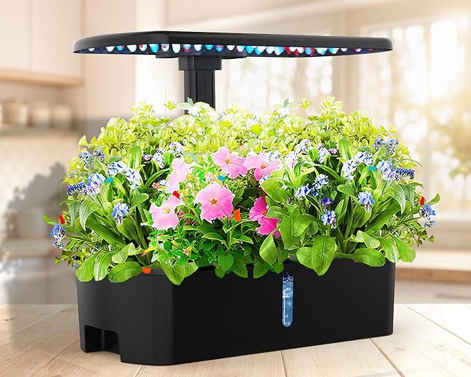 Hydroponics Growing System Kit 12 Pods Indoor Garden, Hydroponic Indoor Herb Garden Kit with Grow Light, Smart in Door Gardening, Adjustable Height, Auto Timer, Quiet Pump, Gift for Mom Women, Black
