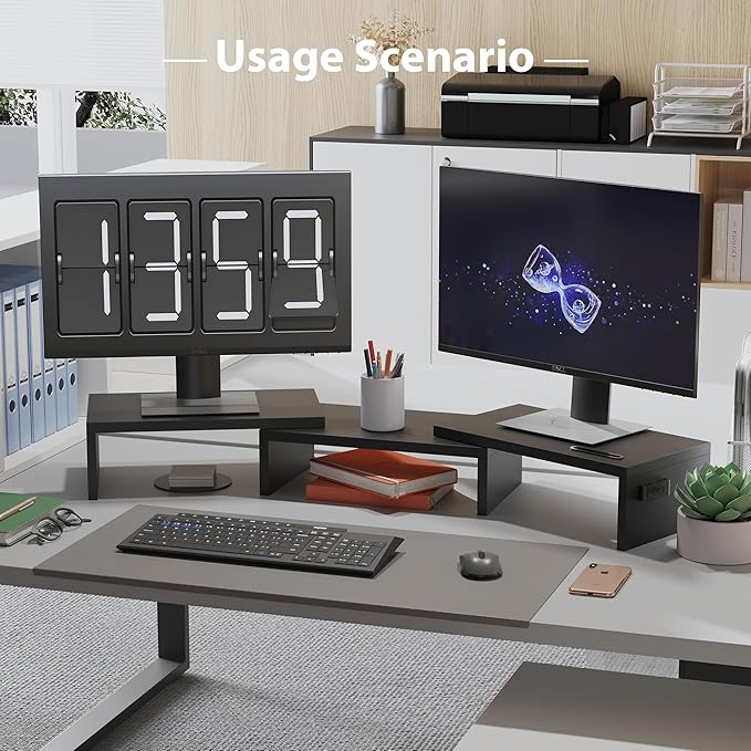 BONTEC Dual Monitor Stand for Desk, Adjustable Length and Angle Monitor Stand Riser with Smartphone Holder, Desk Shelf for Top of Desk, Computer Monitor Stand with Storage, Office Desk Organizer, Black