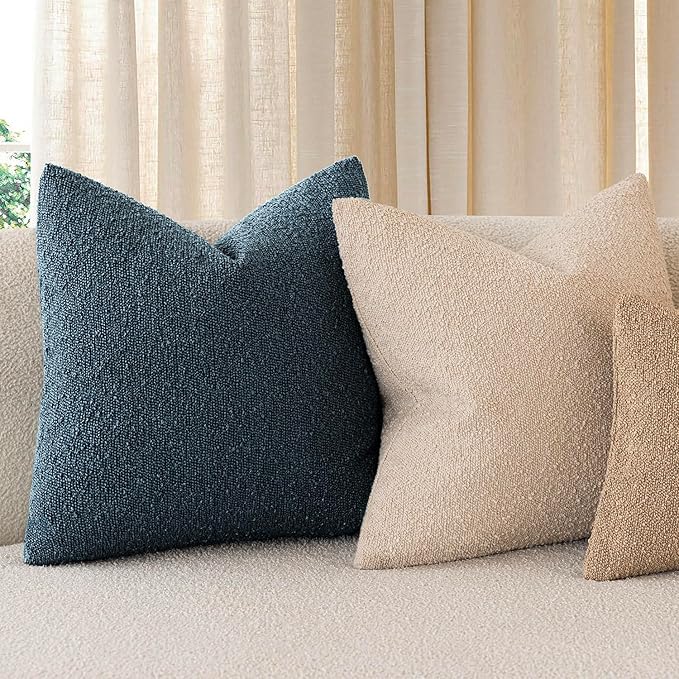 Foindtower Set of 2, Decorative Textured Boucle Throw Pillow Covers Accent Solid Pillow Cases Neutral Couch Cushion Case for Chair Sofa Bedroom Living Room Home Decor 24x24 Inch Dark Blue