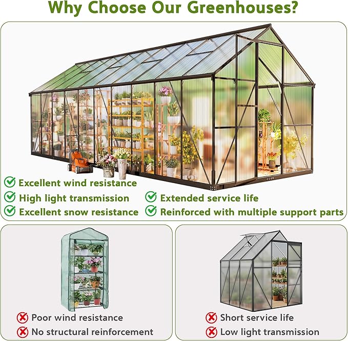 Wanan 8x20FT Greenhouses for Outdoors, Quick Assembly Polycarbonate Green House with UV Protection, Heavy Duty Windproof Aluminum Frame, Adjustable Roof Vent for Backyard or Outdoor Garden Use