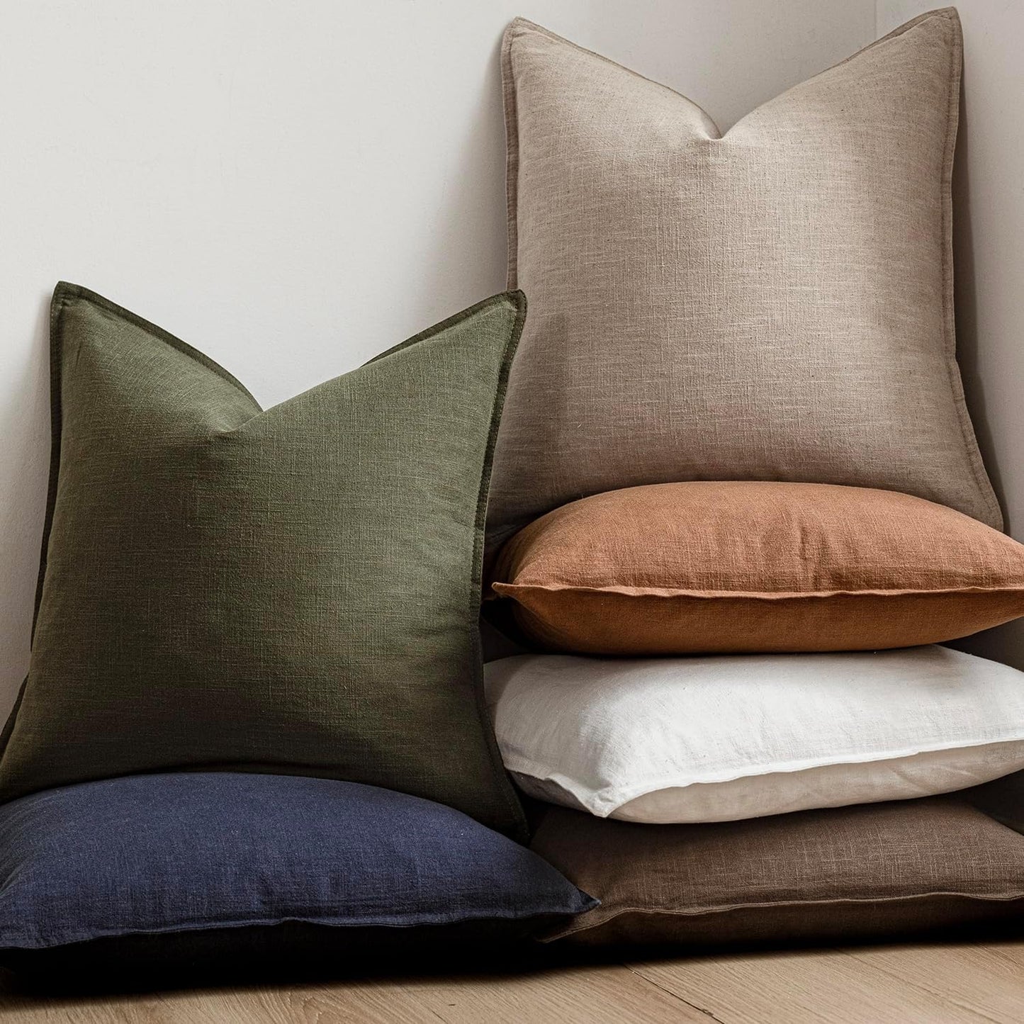 Foindtower Set of 2, Decorative Linen Soild Throw Pillow Covers Soft Accent Cushion Euro Case Boho Farmhouse Pillowcase for Chair Couch Sofa Bedroom Living Room Home Decor 24 x 24 Inch Natural Linen