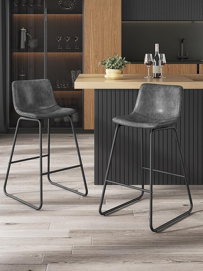 Bar Stools Set of 6, 26 Inches Counter Height Bar Stools with Back, Modern Faux Leather Barstools with Metal Legs and Footrest, Bar Chairs for Kitchens Island (Gray)