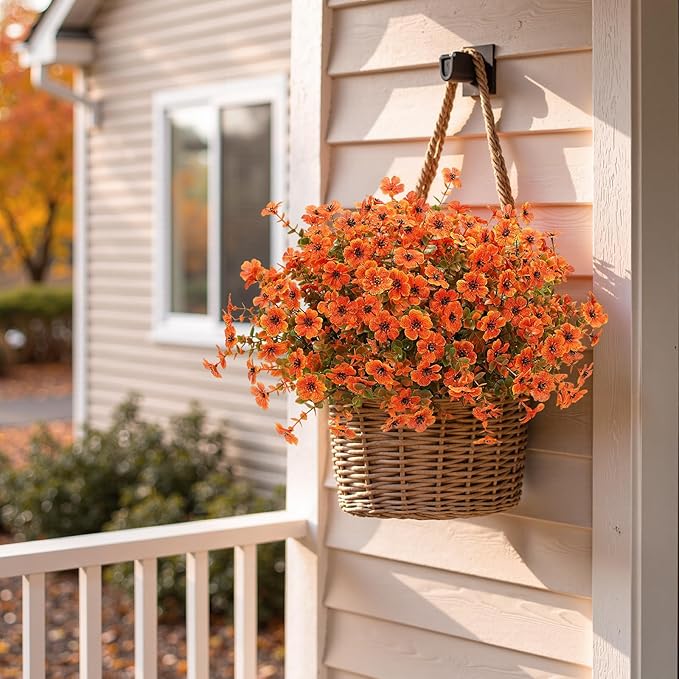 Artificial Mums Fall Fake Flowers for Outdoors, 12 Bundles Faux Mums for Outdoor Planters Autumn Decorations,UV Resistant Silk Flowers Plastic Plants for Front Porch Garden Patio Home Decor (F-Orange)