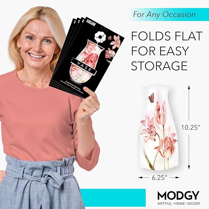 MODGY Expandable Flower Vase Set, Plastic Decorative Modern Foldable Printed Vases for Centerpieces for Wedding, Dining Table, Home Decor, Living Room, Bathroom, Office, Jacob Marrell Tulips, 4 Pack