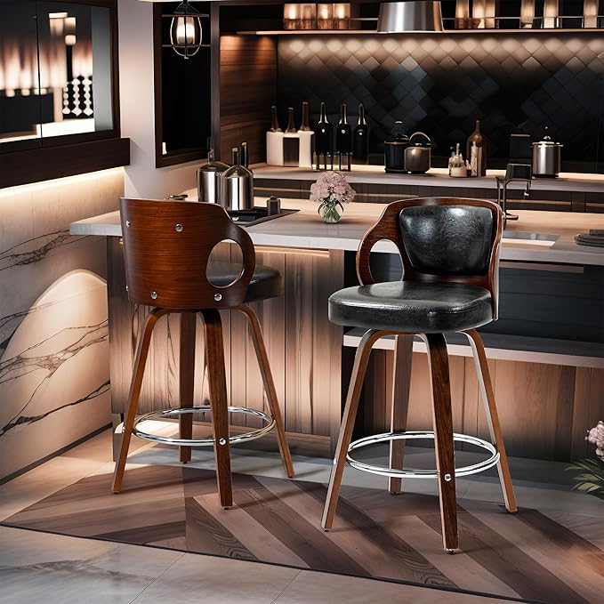 ECOTOUGE Swivel Bar Stools Set of 2, Walnut Faux Leather Counter Height Barstools with Bentwood Back and Footrest, for Dining Room, Kitchen Island and Pub, Black